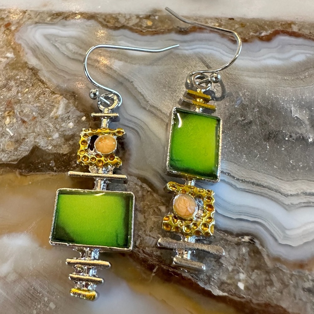3037 Artistic Green and Gold Asymmetrical Dangle Earrings